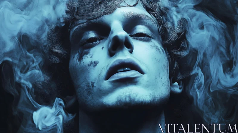 Chromatic blue portrait with swirling particulate vapors.