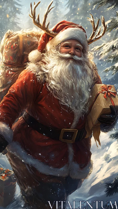 Santa in snowy forest carrying gifts and antler headband.