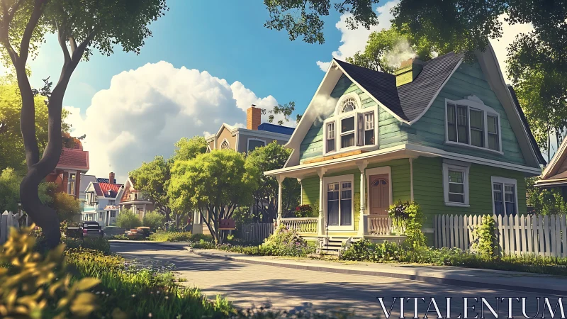 Residential street with green gabled house and trees in sun.