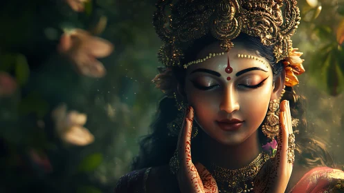 Serene goddess portrait holds meditative pose in lush garden