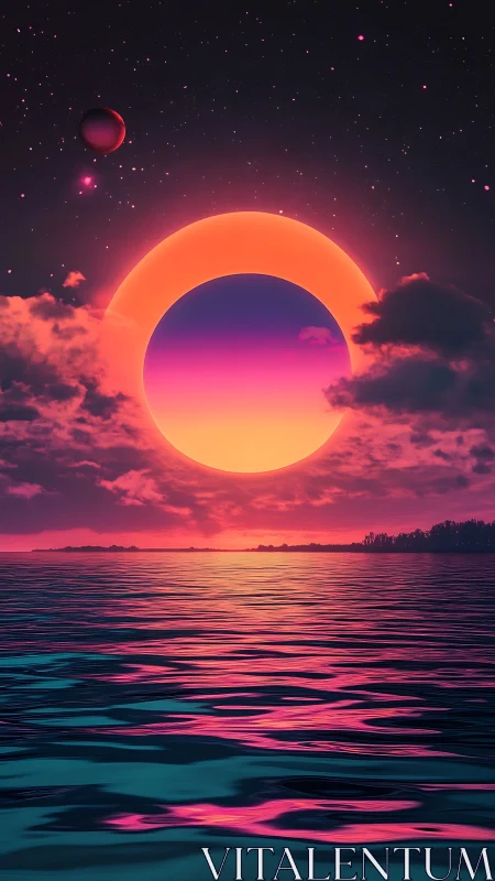 Radiant neon eclipse melts into a dreamy cosmic ocean horizon