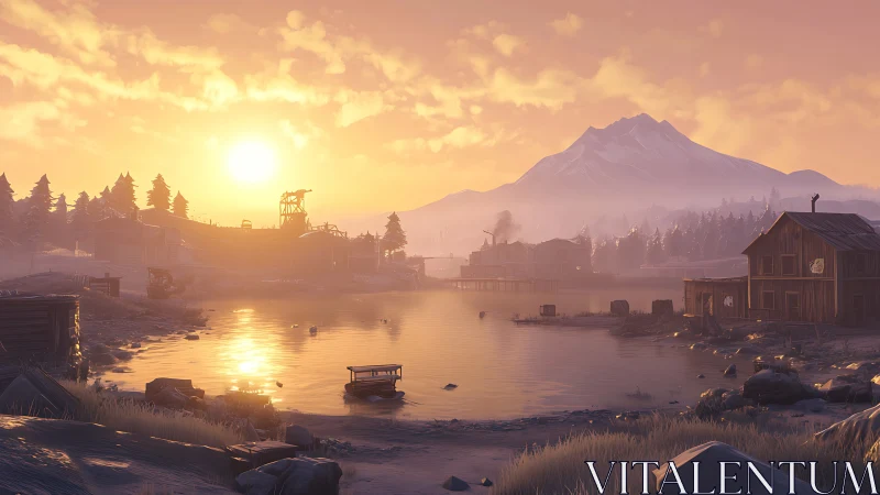 Low-poly lakeside logging town at sunset with snow peak