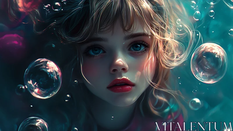 Digital painting portrait of submerged girl with luminous bubbles.