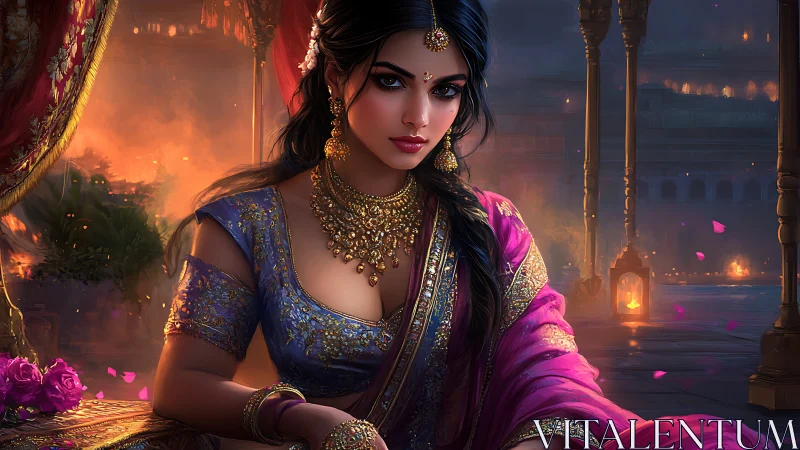 Woman in ornate sari before night courtyard fires.