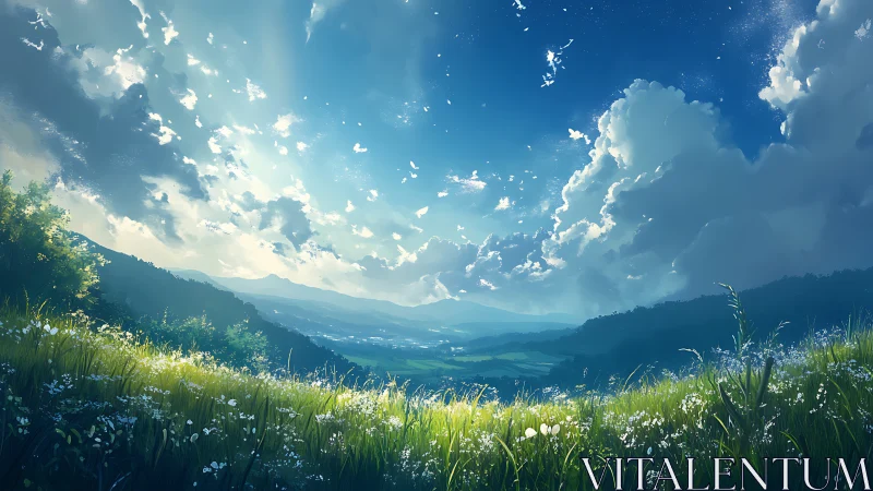 Sunlit alpine meadow overlooking distant valley under cumulus sky