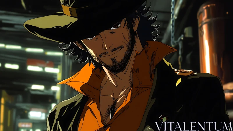 Brooding gunslinger framed in neon-lit industrial shadows.