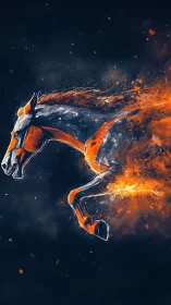 Fiery galloping horse erupts from darkness in motion.