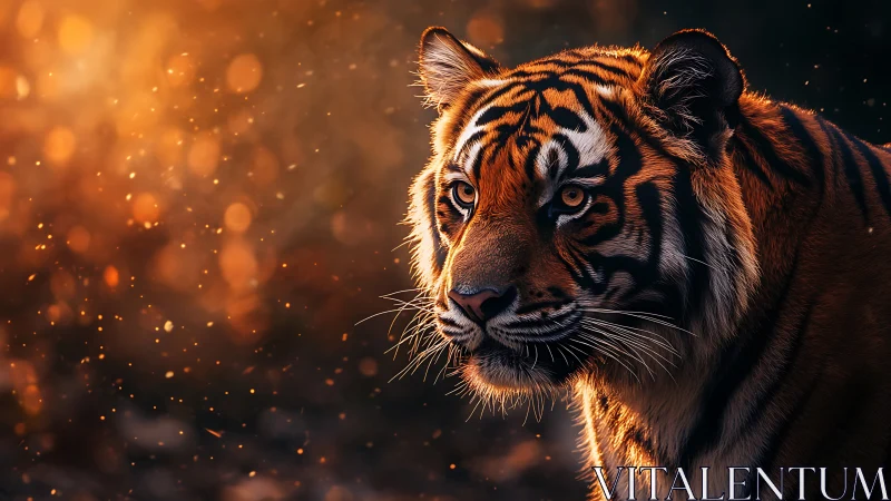 Tiger portrait in warm sunset light with glowing bokeh.