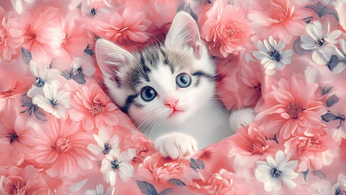 Whisker Wonder: Tabby Kitten Nestled in Blooming Pink Reverie.