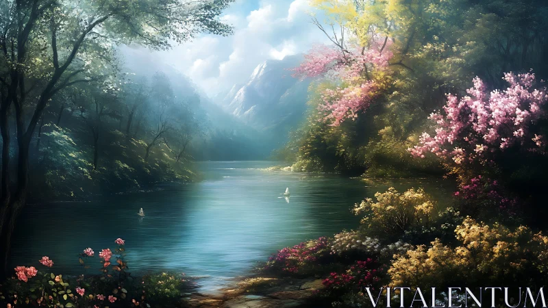 Gentle riverside garden under soft morning mountains.