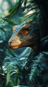 Hyperdetailed raptor head emerging from dense jungle foliage
