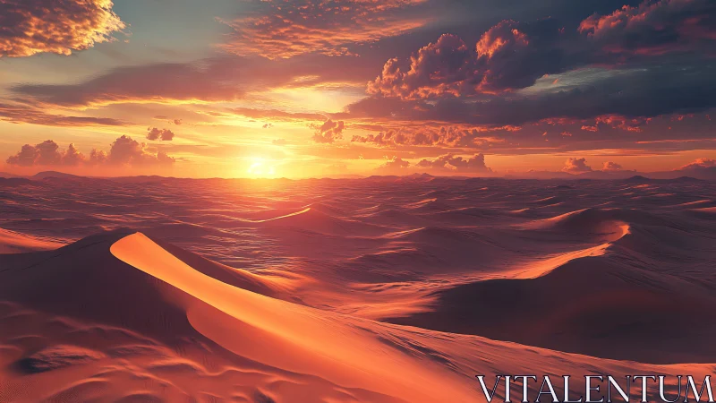 Desert dunes burn under molten sunset sky glow.