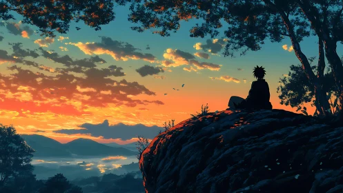 Silhouetted figure on rocky overlook at saturated sunset sky