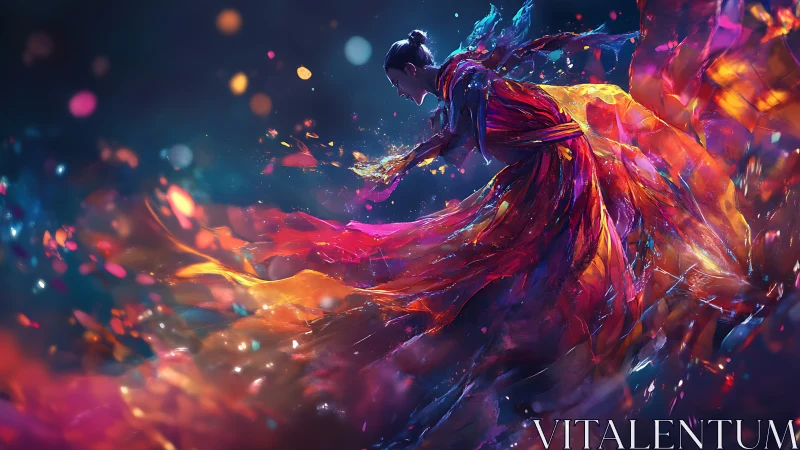 Digital painting depicts a figure in motion amid vivid colors