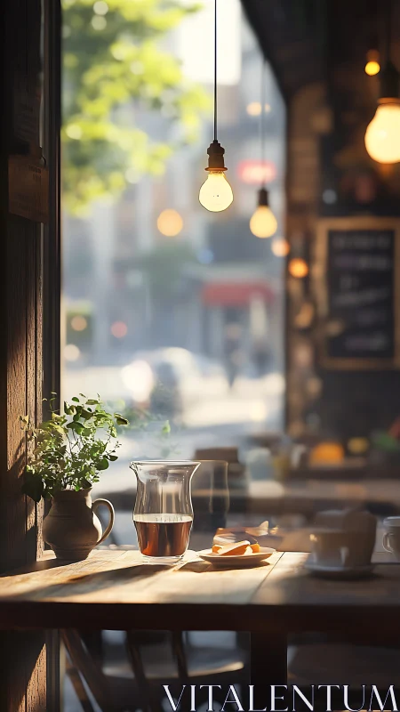 Warm café interior with shallow depth and directional morning light