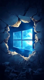 Glowing window symbol in broken stone wall against space backdrop.