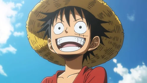Straw hat anime boy in low angle close up under blue sky