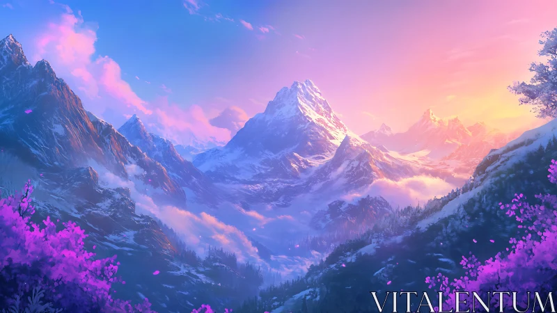 Luminescent alpine peaks under radiant magenta sunset sky.