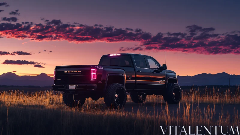 Lifted black pickup truck idles against vivid mountain sunset