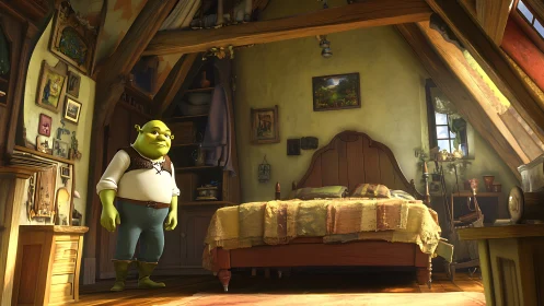 Ogre character in rustic attic bedroom with warm lighting.