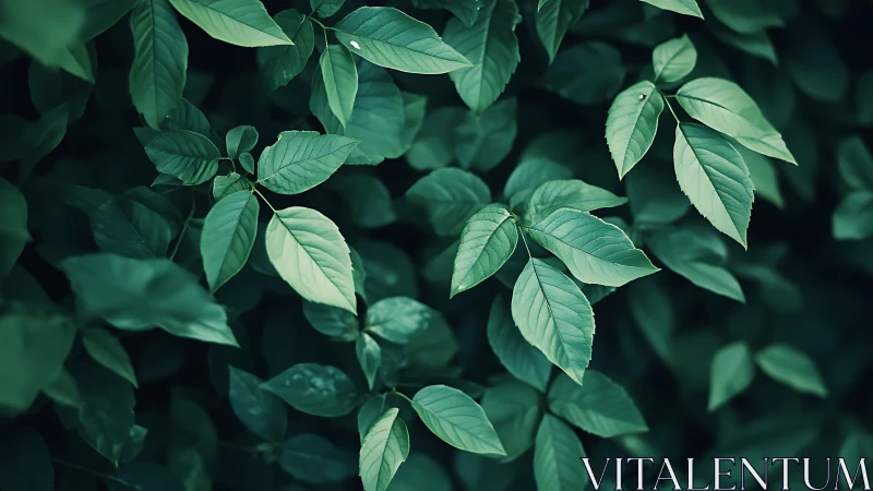 Close-up botanical foliage study in cool teal green tones.