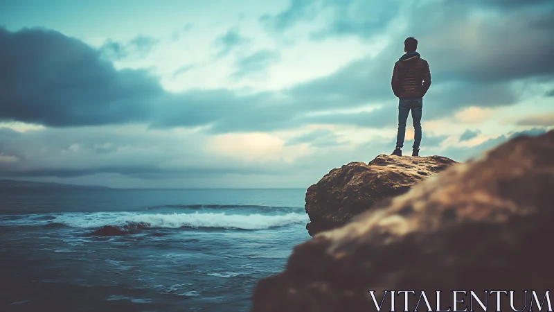 Solitary figure surveys stormy ocean under cyan-toned dusk sky