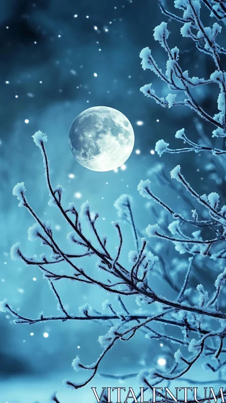 Full moon over snow covered winter branches at night.