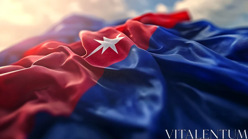 Sunlit tricolor flag ripples with radiant star at its heart.