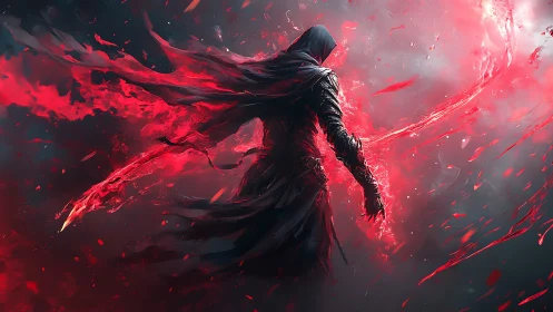 Hooded dark mage strides through raging crimson storm of power