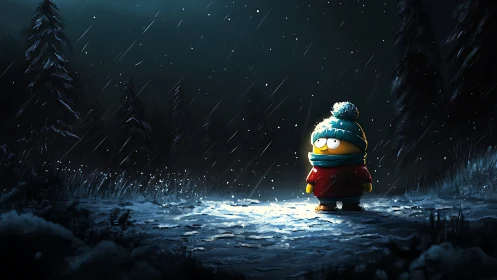 Cartoon winter figure stands under spotlight in snowy forest