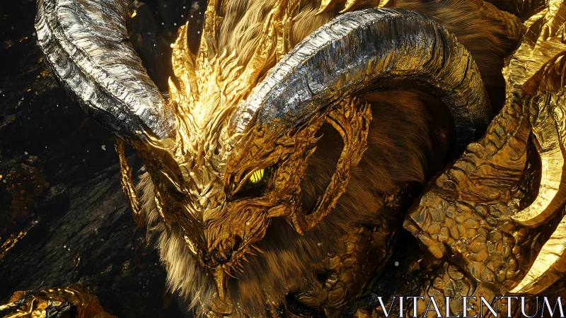 Golden horned dragon resting in molten treasure light.