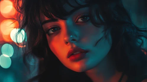 Moody digital portrait in teal and orange neon light.