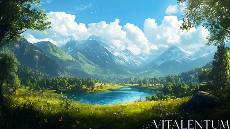 Sunlit alpine valley encircles crystal blue mountain lake.