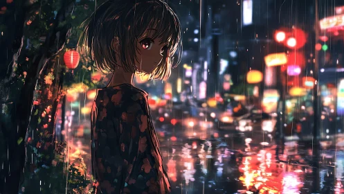 Girl stands in rainy neon city street at night scene.