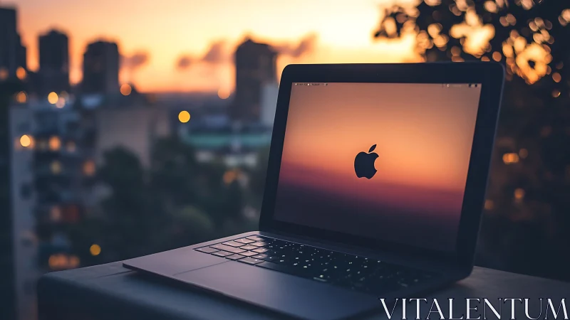 Sleek laptop glowing at sunset on blurred city balcony.