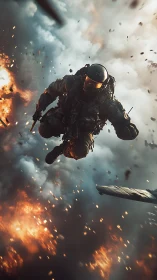 Soldier in tactical gear descends through midair explosions