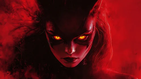 Infernal demon portrait with molten amber glowing eyes.