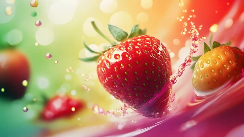 Hyperreal ripe strawberry splash in chromatic liquid arc