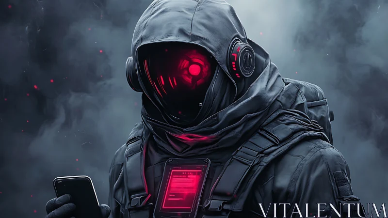 Hooded cyber operative studies phone in red neon haze