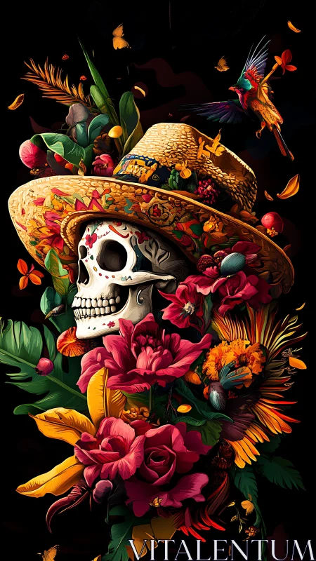 Sugar skull tilts under a jungle hat of unruly blossoms