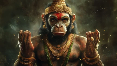 Divine monkey warrior deity in ornate golden jewelry armor.