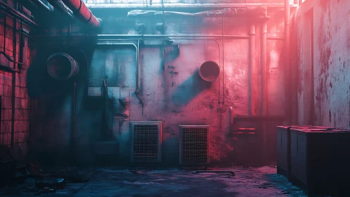 Industrial alley wall under contrasting cyan and magenta volumetric light