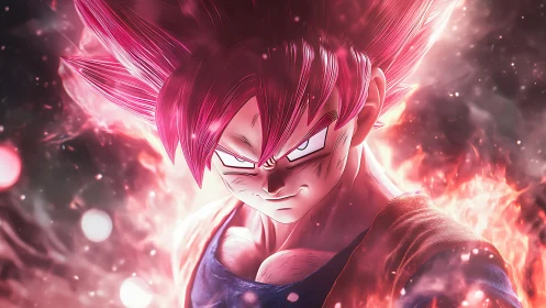 Anime energy warrior in crimson aura, high-impact portrait.