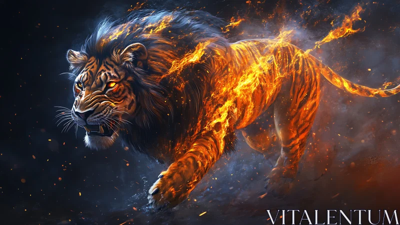 Flaming tiger in dynamic stride rendered with high contrast lighting