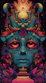Cosmic shaman mask ignites a neon jungle of stardust dreams.