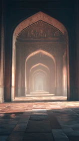 Sunlit Mughal arches in receding architectural perspective.