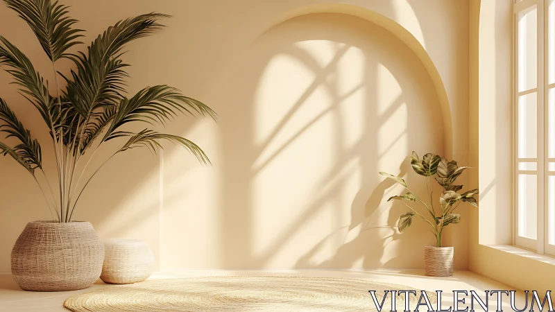 Sunlit archway sanctuary with woven textures and lush palms.