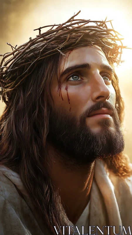 Photorealistic devotional portrait with crown of thorns focus.