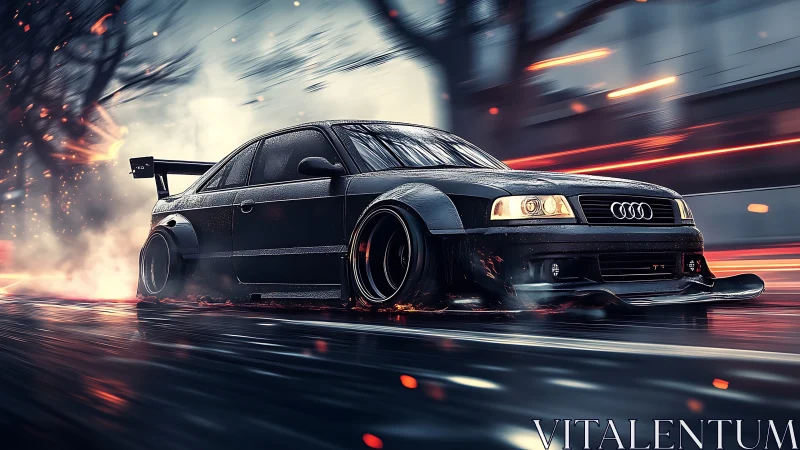 Night street racer Audi blazing through neon rainfall.