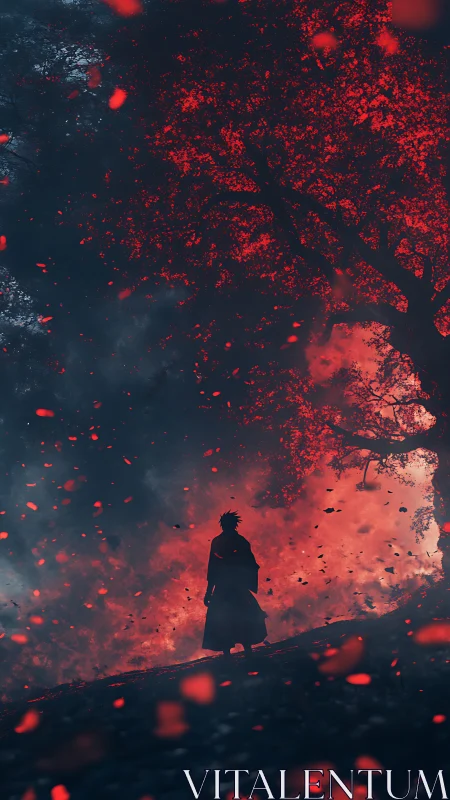 Lone wanderer beneath the burning crimson dreamtree.